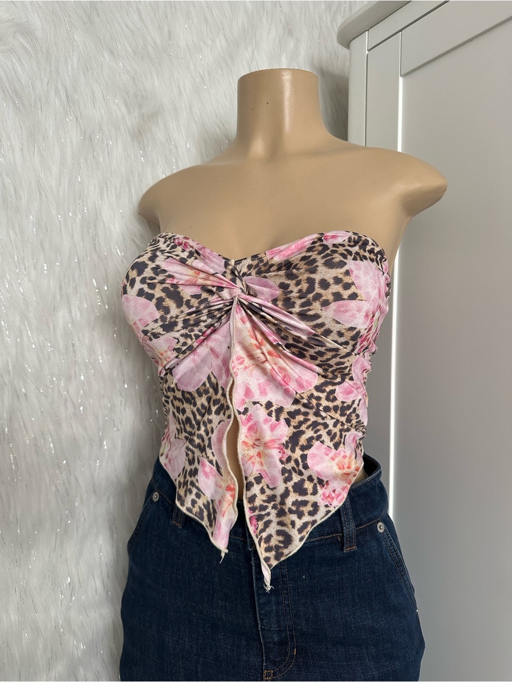 SHEIN Pink Floral & Leopard Print Strapless Handkerchief Camisole
